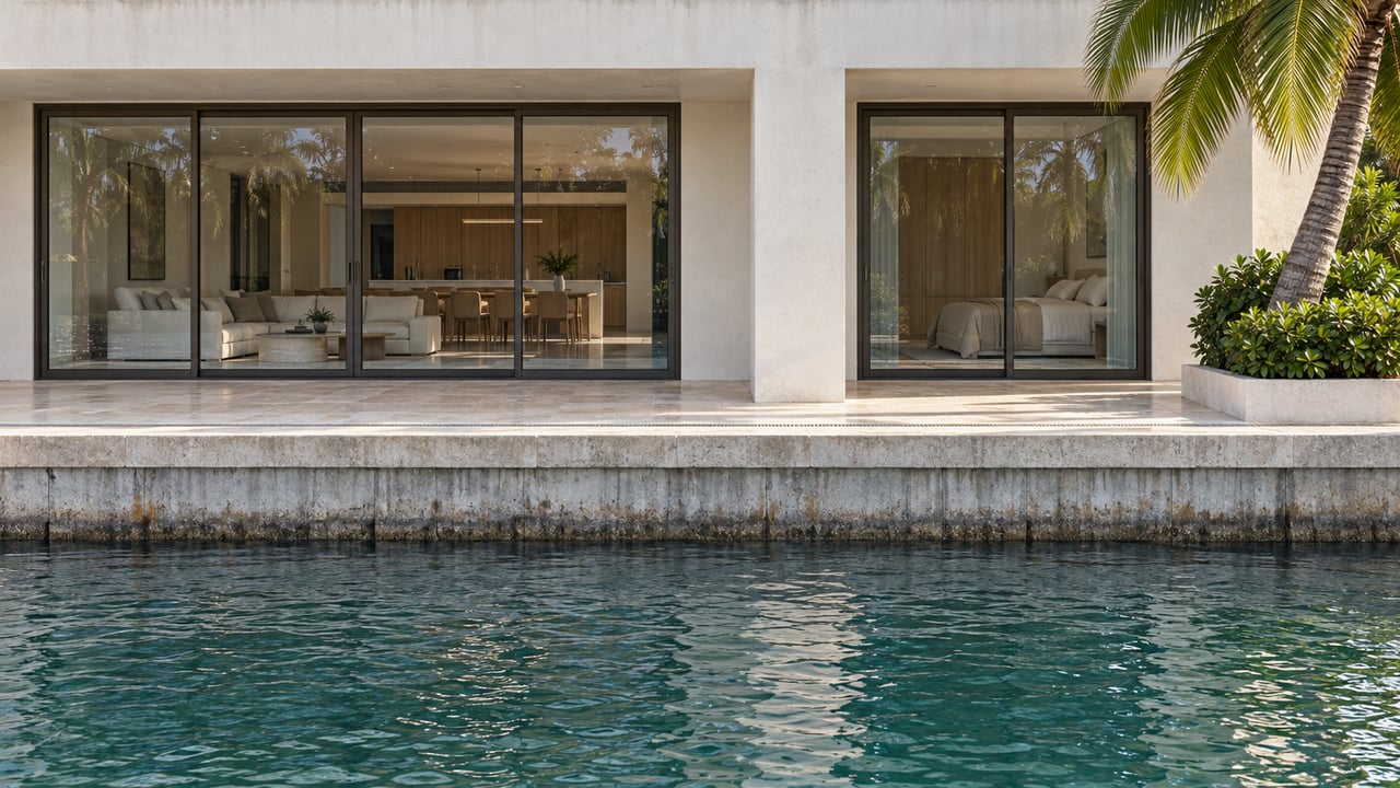 Luxury canal-side home with bronze-framed glass doors, limestone terrace, concrete seawall, and a palm at the right.