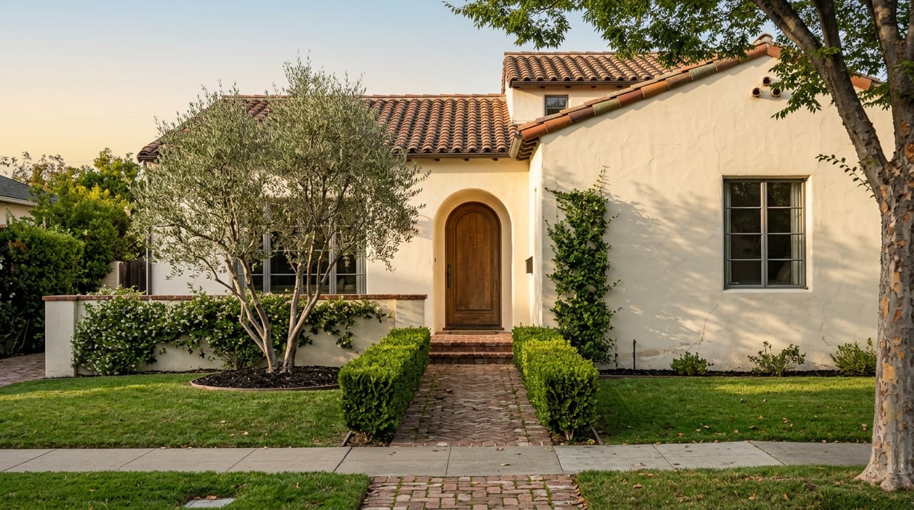 Two-story stucco home with a terra-cotta tile roof, arched entry, olive tree, and brick walkway.