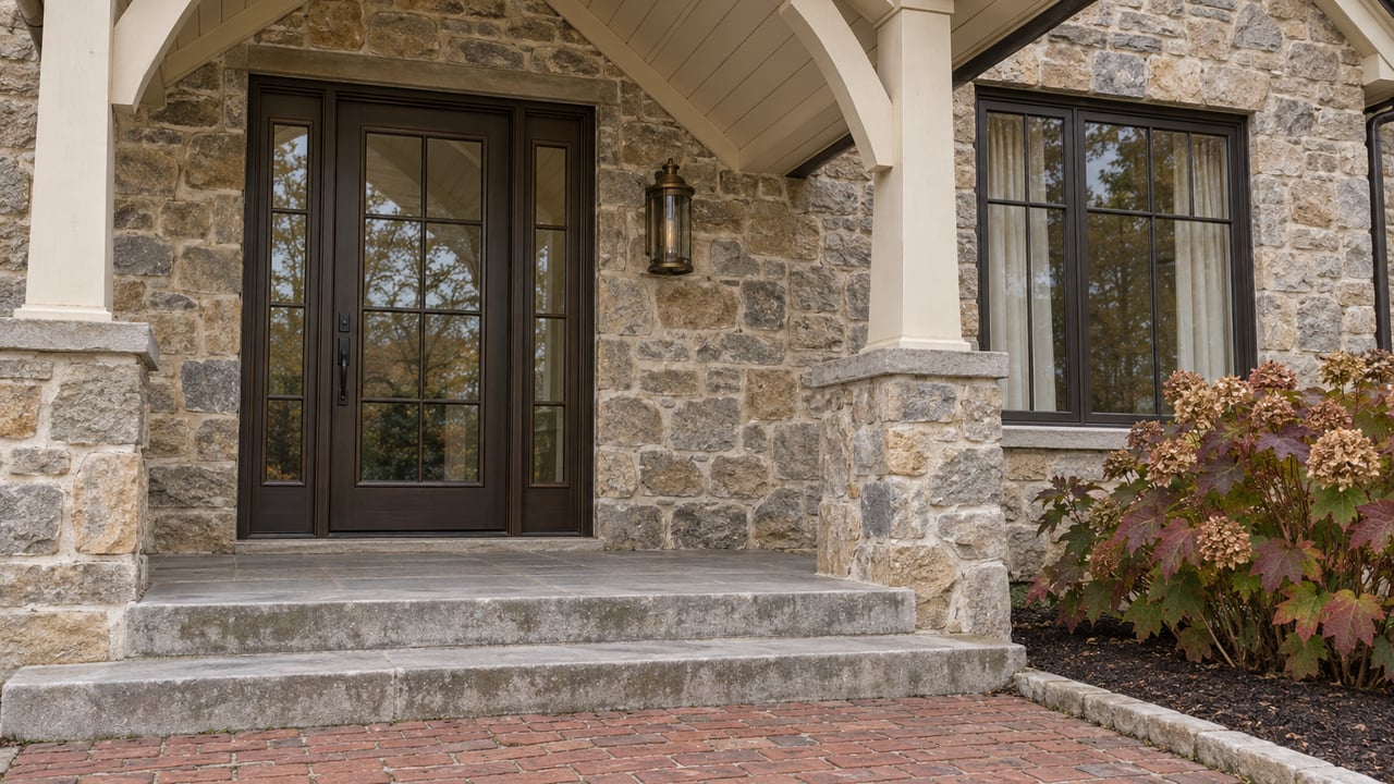 Stone entry porch with an ivory-sided gable, dark glazed front door, limestone steps and autumn oakleaf hydrangea.
