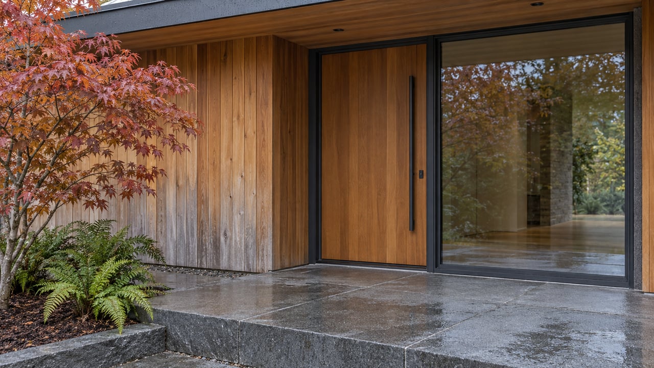 Rain-darkened basalt entry beneath a cedar overhang, with a closed glass door, copper-leaved vine maple, and sword ferns.