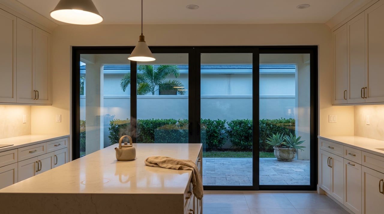 Warm-lit kitchen island with steaming kettle faces black-framed sliders and a planted covered terrace.