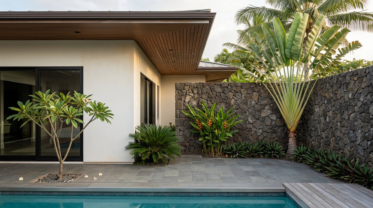 Raised view of a rear courtyard with a white stucco facade, lava-stone wall, traveler’s palm, and pool edge.