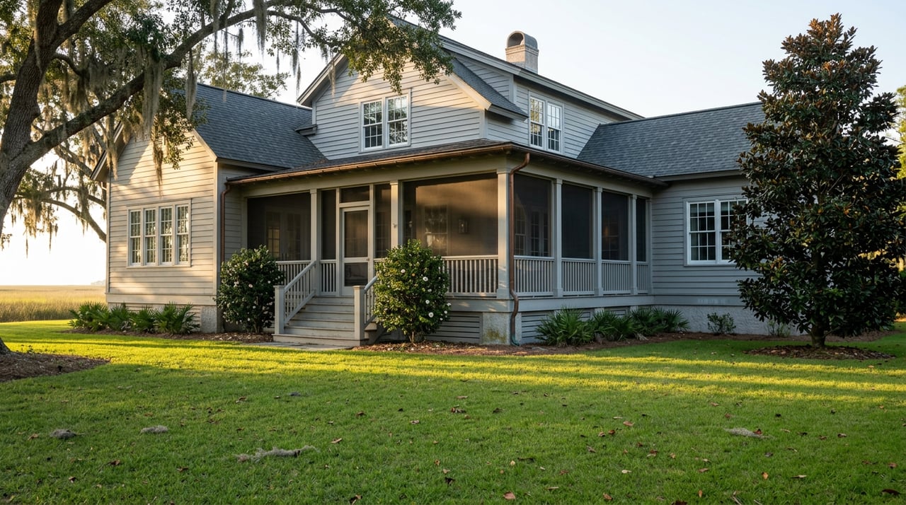 Coastal home with a screened wraparound porch, framed by a moss-draped oak and magnolia beyond a broad lawn.