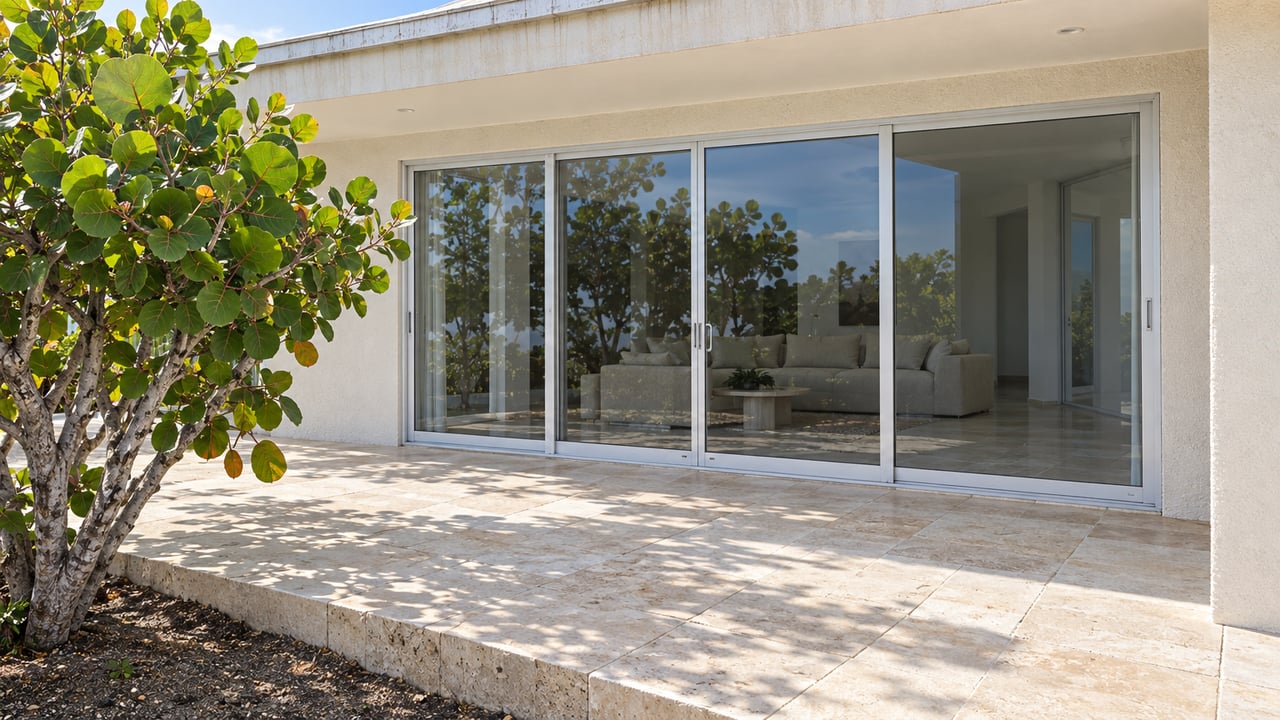Sunlit cream-stucco terrace with closed glass doors, pale limestone paving and one sculptural sea-grape tree.