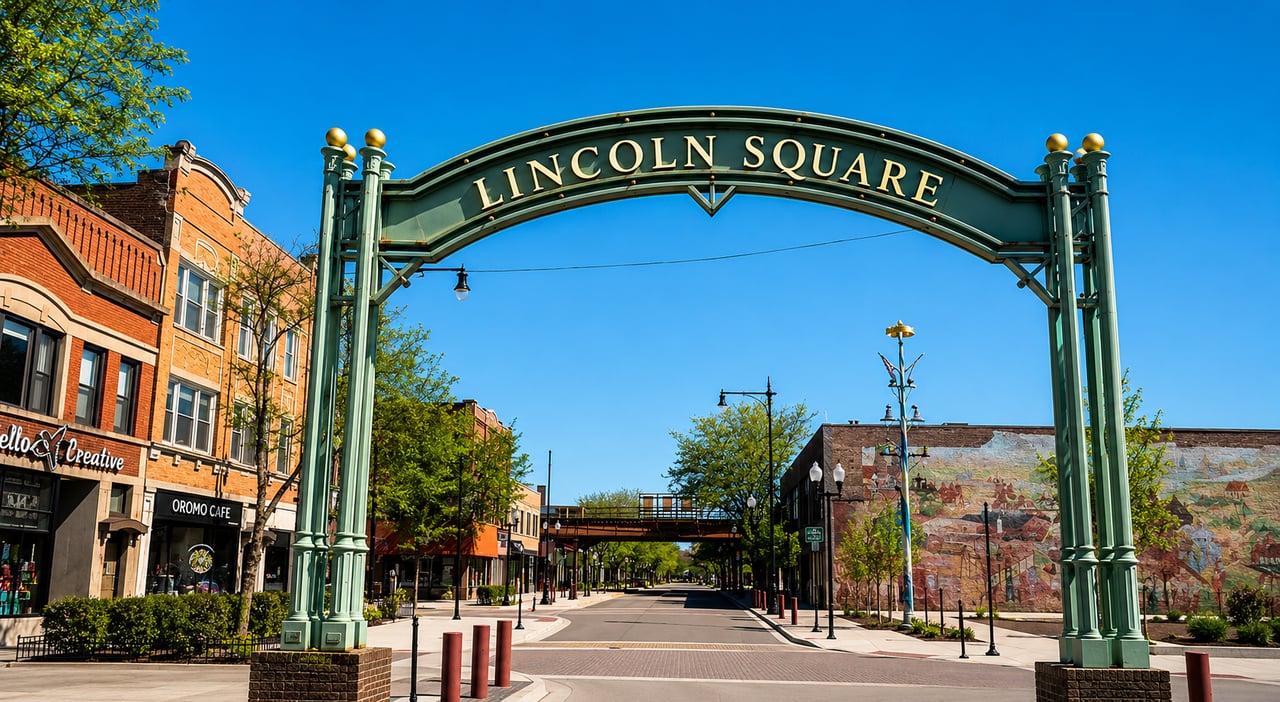 Lincoln Square Archway sign over Lincoln Avenue in Chicago with storefronts, mural and elevated train tracks visible. 