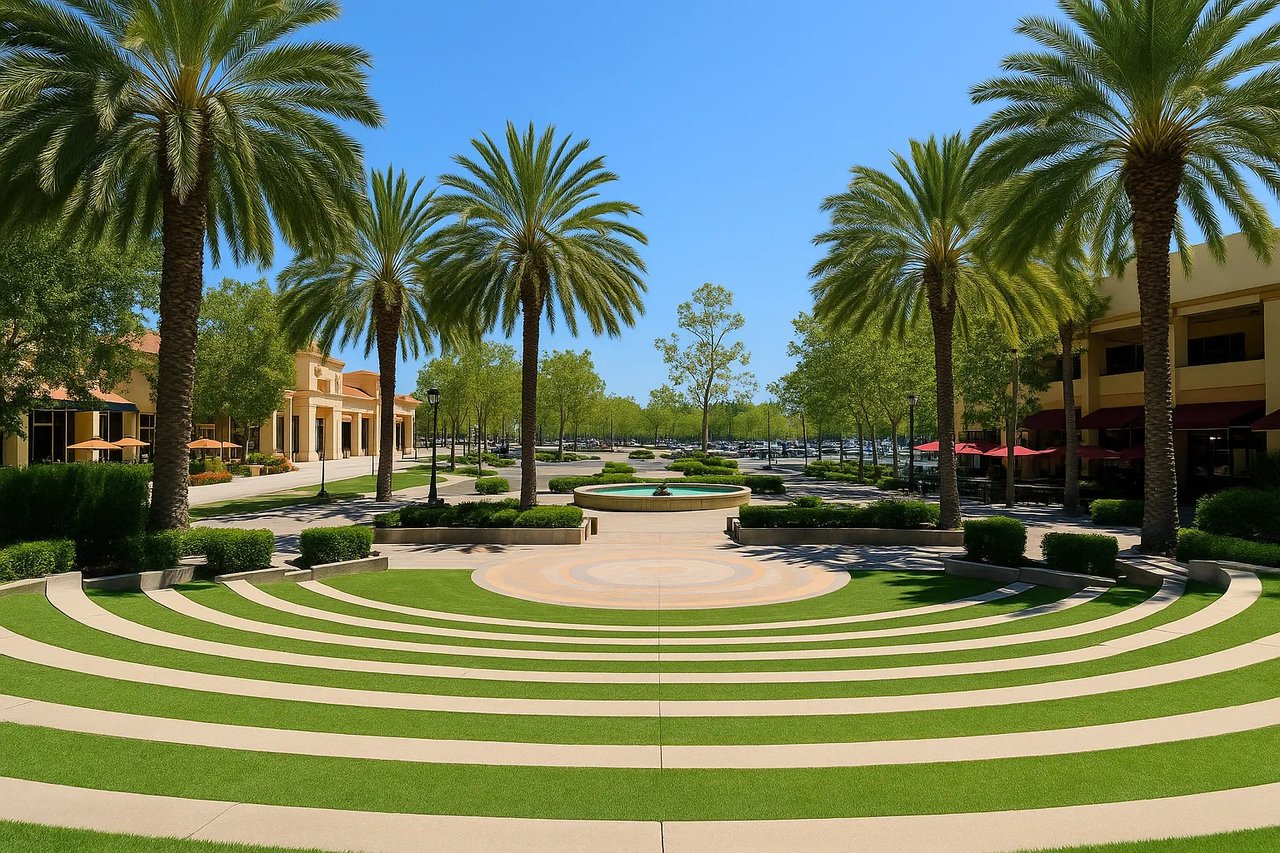 Palm-lined amphitheater and fountain at Aliso Viejo Town Center’s Grand Park on a clear, sunny day.