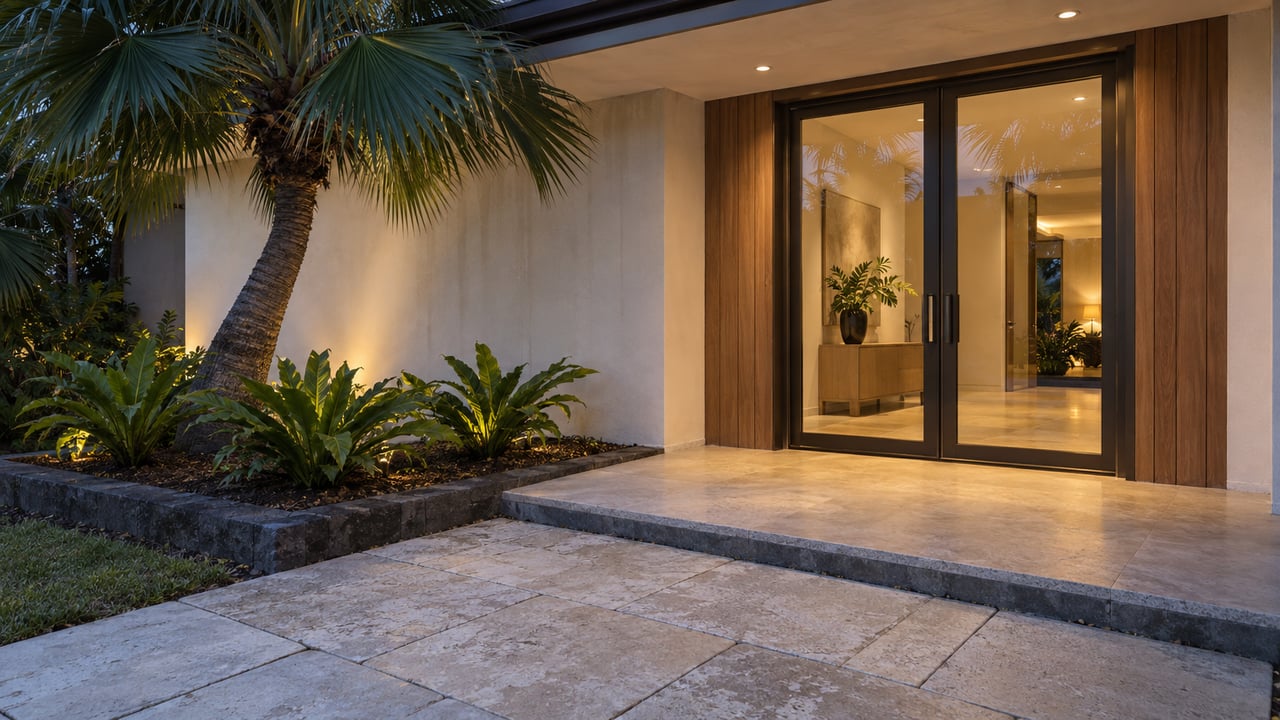 Closed glass entrance framed in teak, with limestone pavers, a palm, and three ferns at blue hour.
