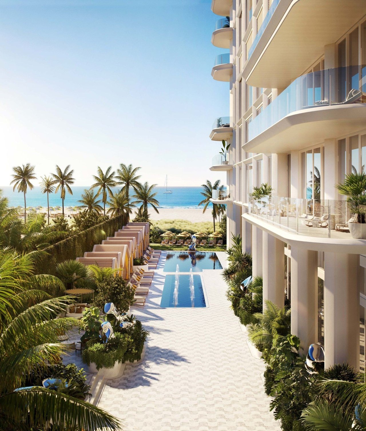 Beachfront condominium balconies overlooking a palm-lined pool deck, sandy beach, and ocean.