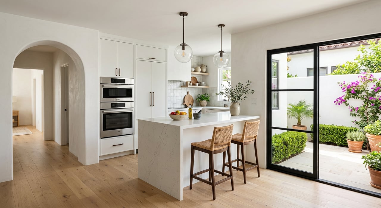 Renovated kitchen with an island, an arched passage, and glass doors opening onto a planted courtyard.