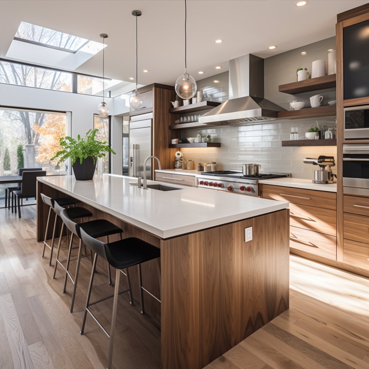 Modern kitchen with a large white island, wood cabinetry, and skylights overlooking autumn trees.