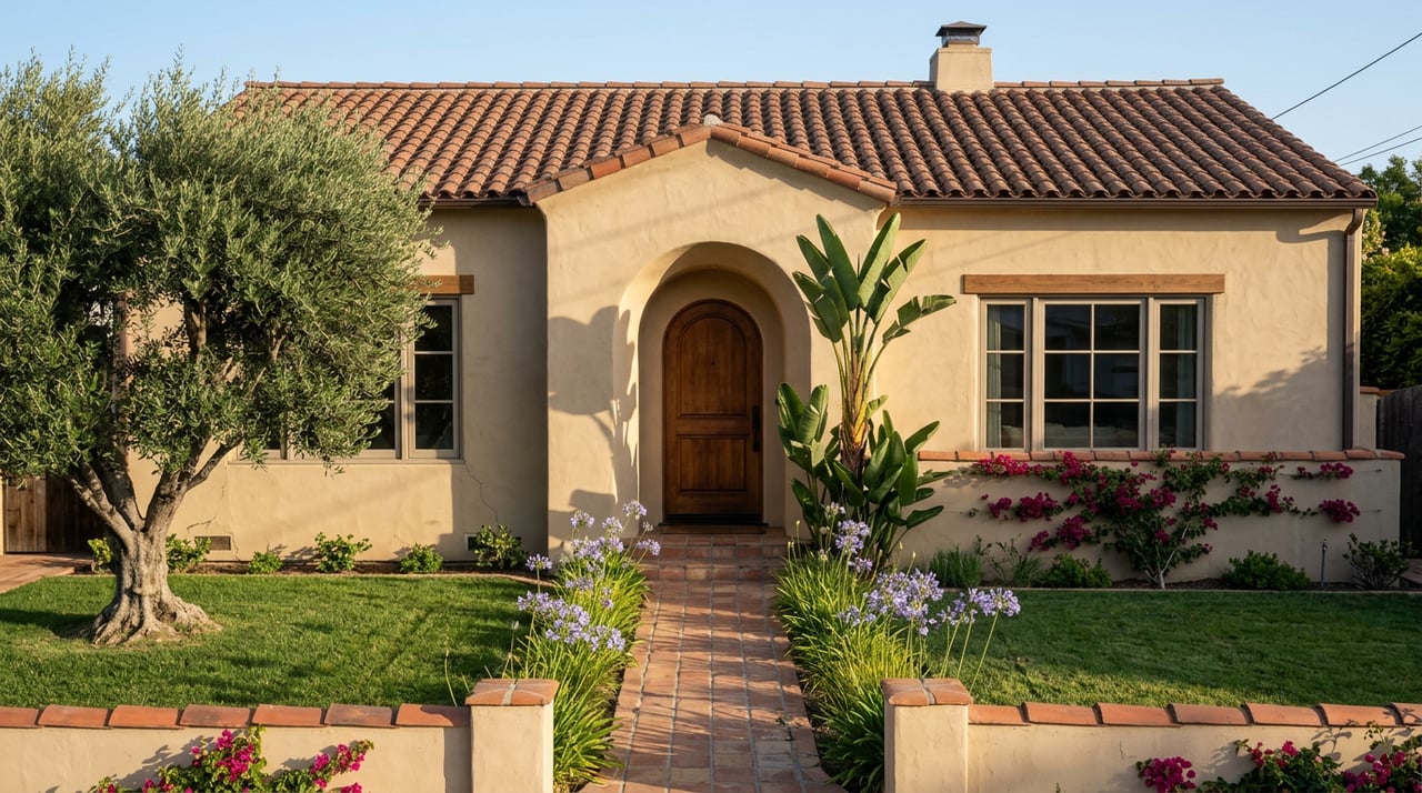Spanish Colonial Revival home with arched entry, clay tile roof, olive tree, and curved terracotta walkway.