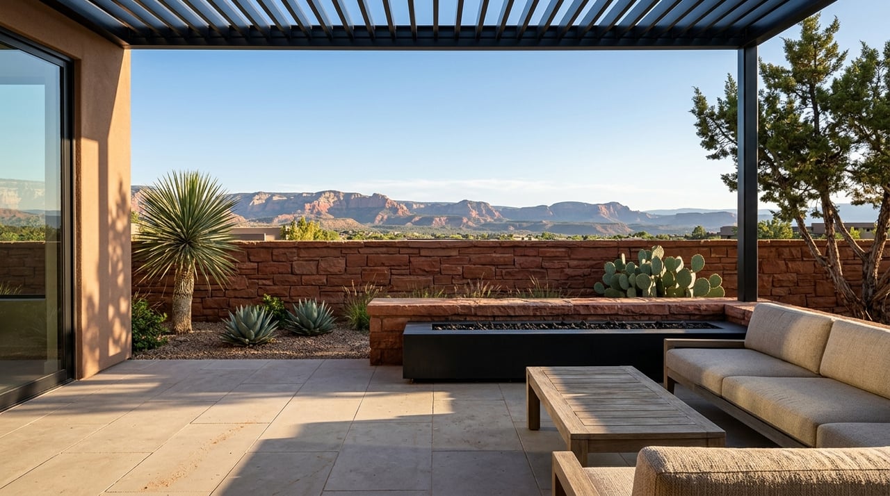 Desert hillside patio overlooking layered red sandstone ridgelines.