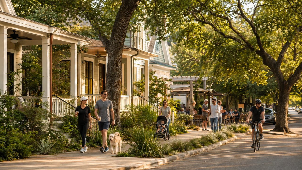 People enjoy a tree-lined Clarksville street with porch-front homes in warm evening light.