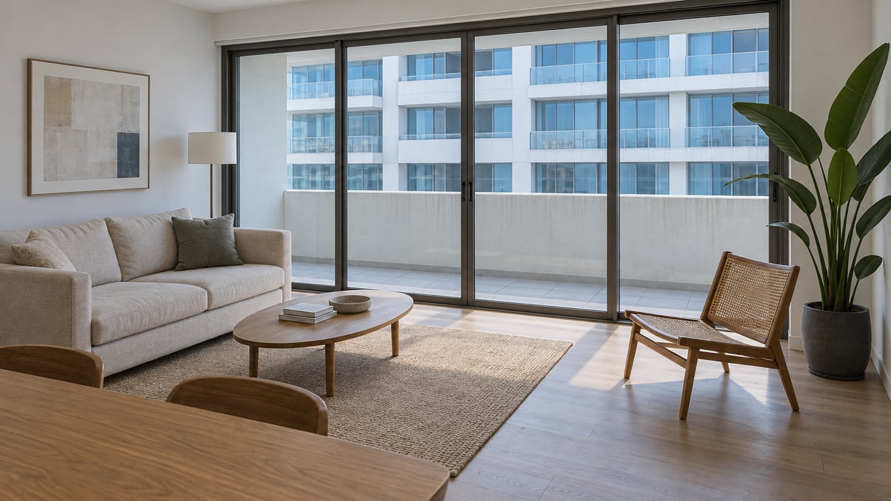 Light-filled condominium living room with pale oak floors, linen seating, a cane chair, and closed glass doors onto a white concrete balcony.