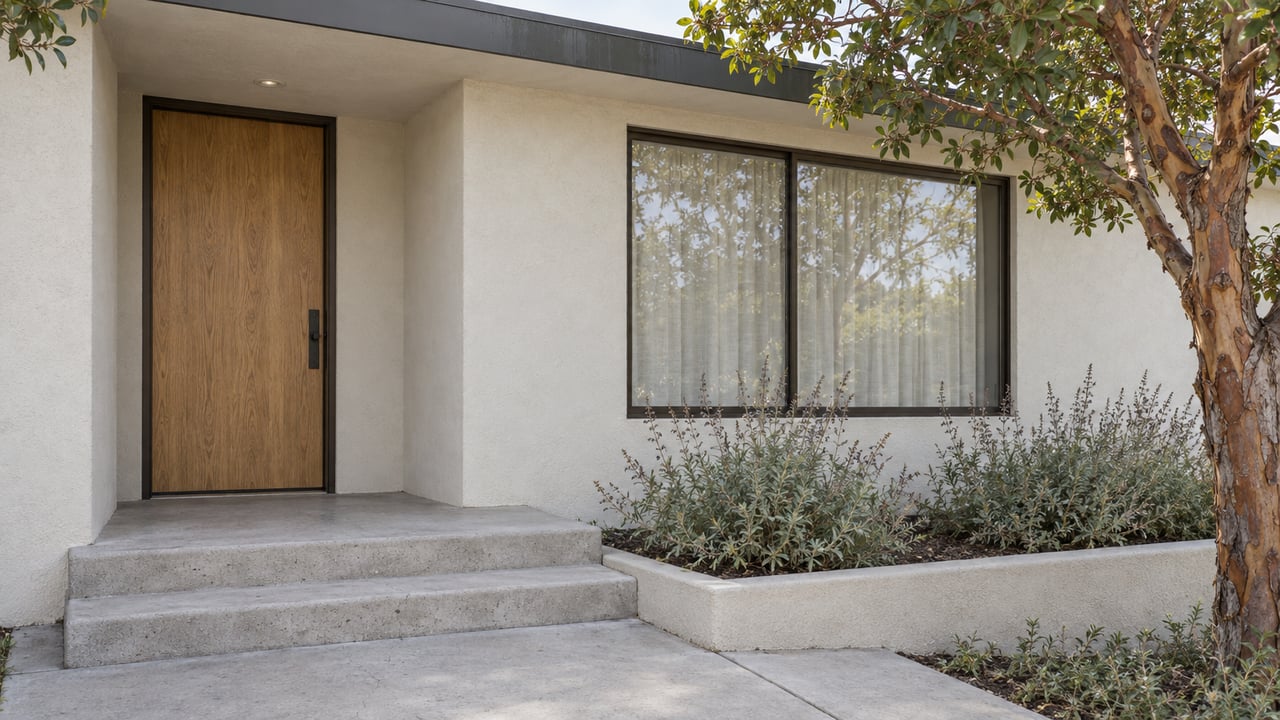 Off-white stucco home with a recessed oak front door, bronze-framed window and concrete entry steps beside a strawberry tree and Cleveland sage.