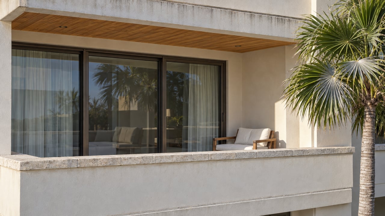 Cream residential balcony with a wood soffit, bronze-framed sliding glass doors, limestone parapet cap and a silver-backed fan palm.