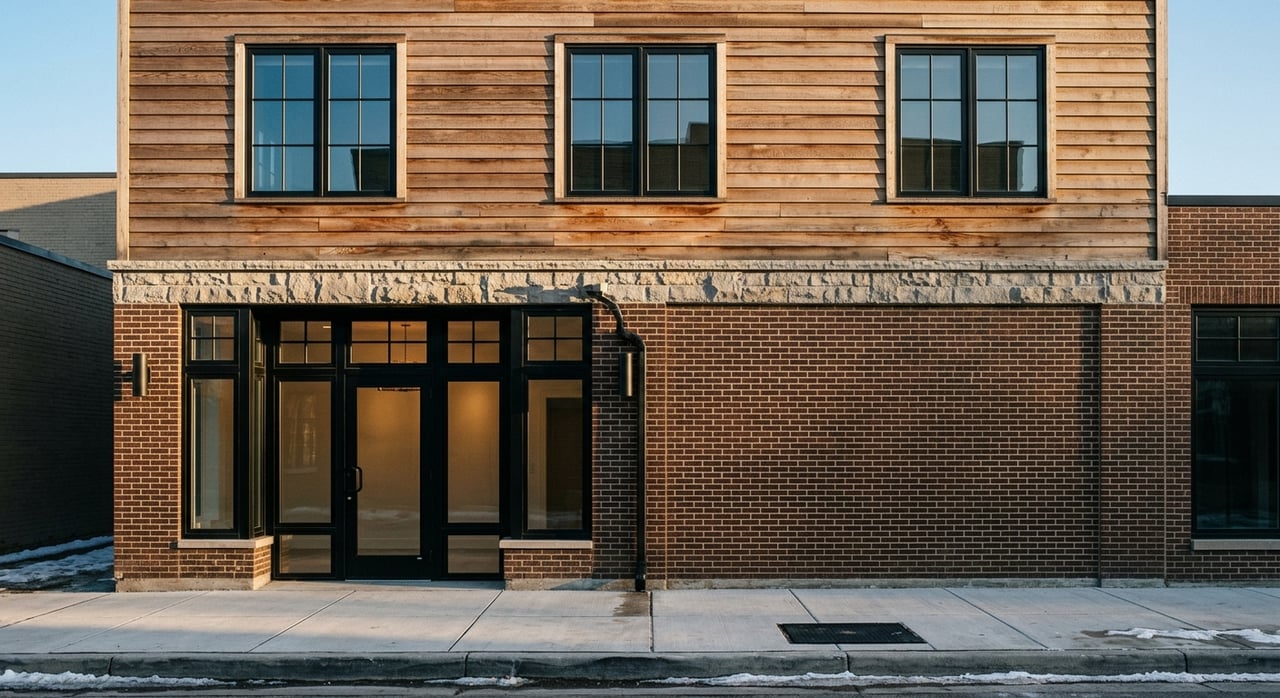 Mixed-use brick storefront with cedar upper stories, stone trim, and a spruce planter beside sidewalk.