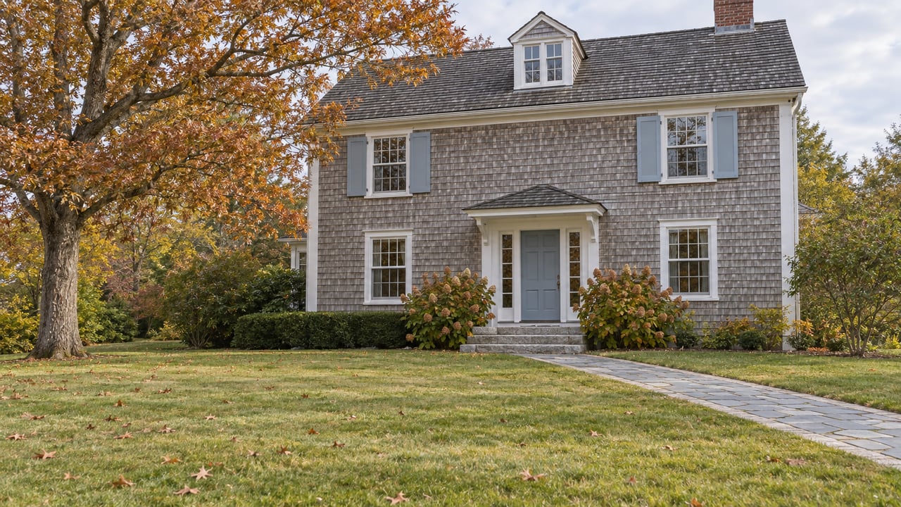 A silvered cedar-shingle home with pale-blue shutters beyond a deep autumn lawn, with an oak tree and stone entrance path.