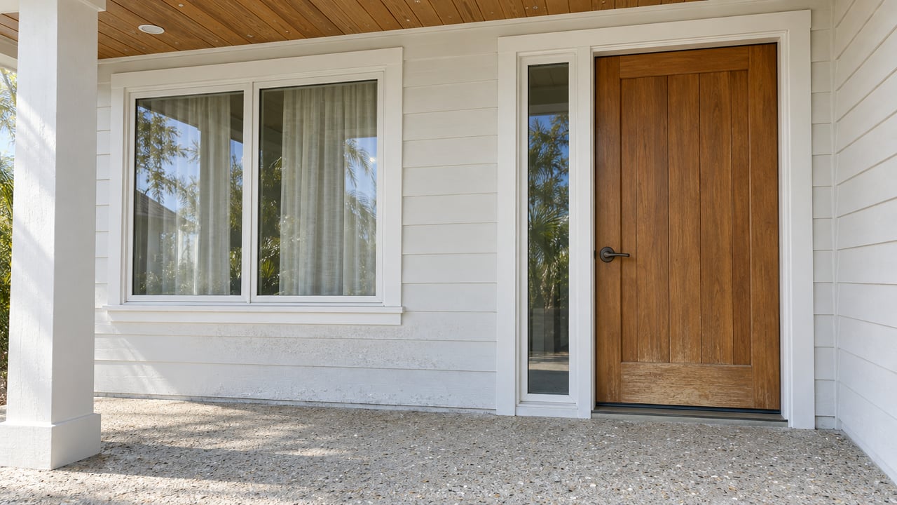 Sunlight crosses a shell-aggregate porch landing beneath a cypress ceiling beside a timber entry door and white lap siding.