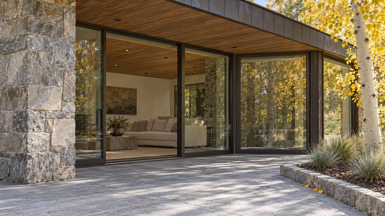 Covered stone terrace beside a timber-soffit home with quartzite masonry, bronze-framed glazing and golden aspen foliage.
