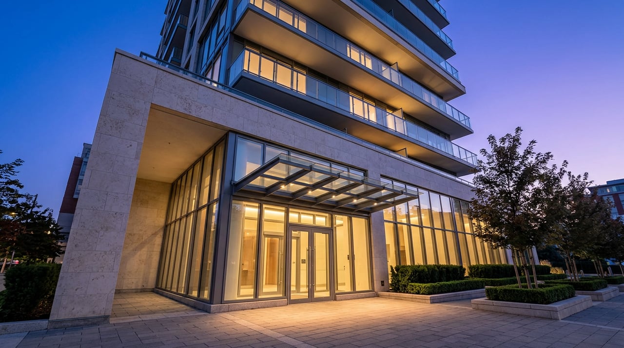 High-rise entrance with a glass lobby, canopy, recessed balconies, and planters glowing at dusk.