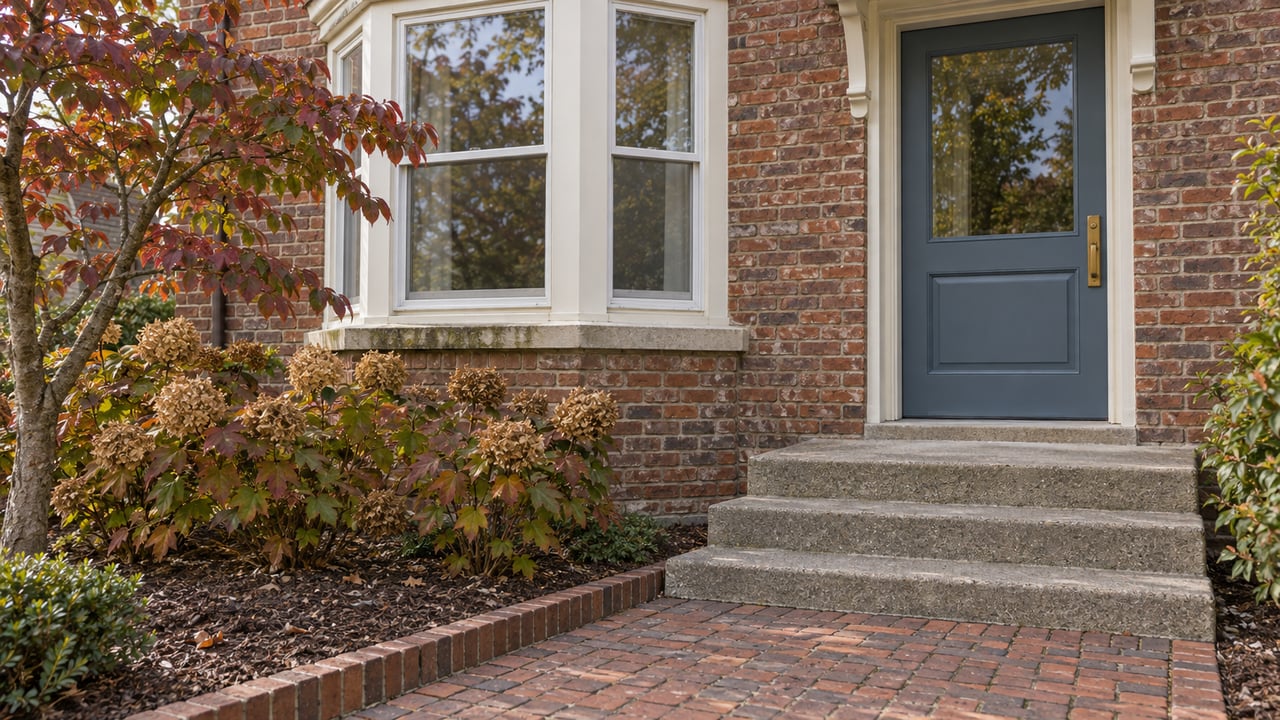 Brick townhome entrance with a muted blue glazed door, white bay window, concrete steps, and autumn dogwood and oakleaf hydrangeas.