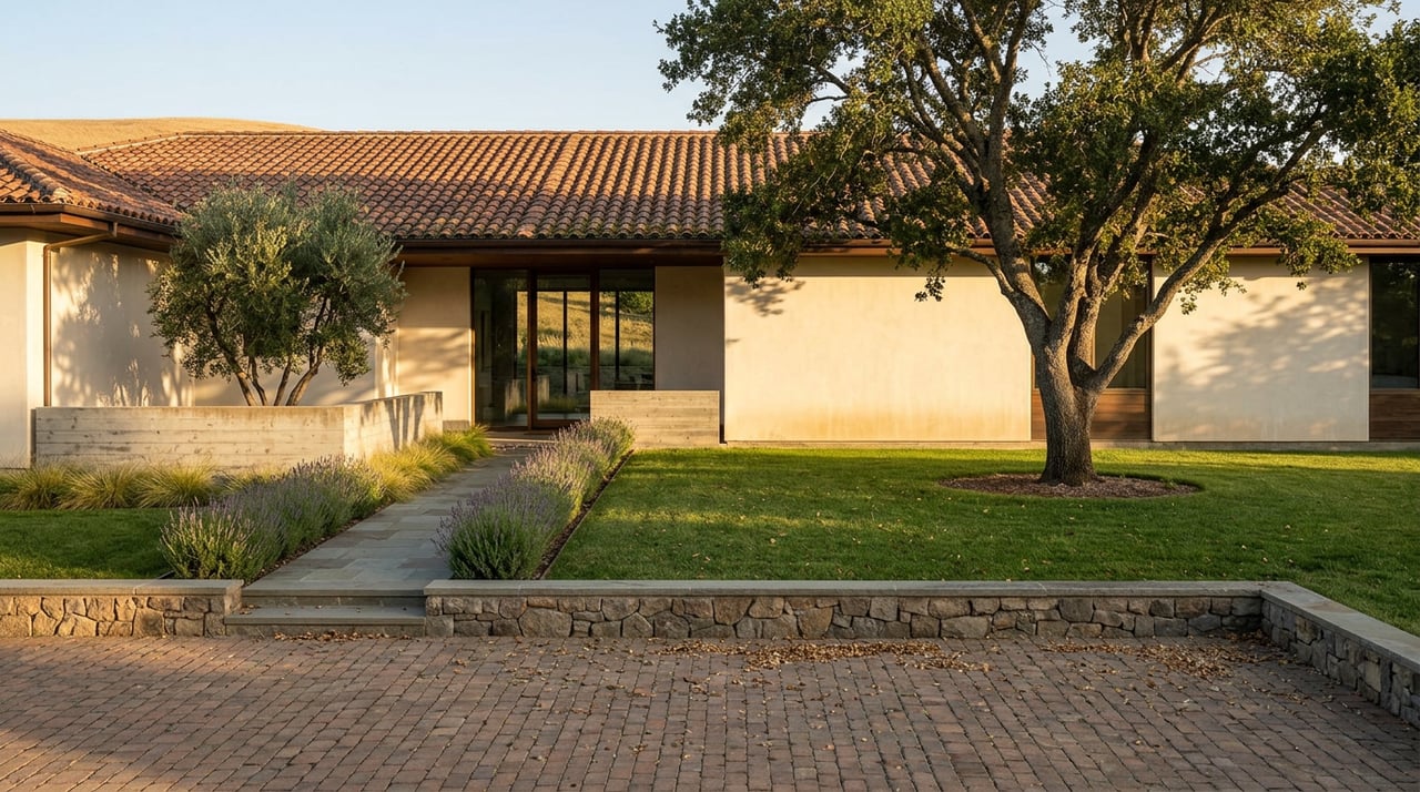 Ivory-plaster ranch estate with terracotta roof, a broad-canopied oak, lavender border, and paver motor court.