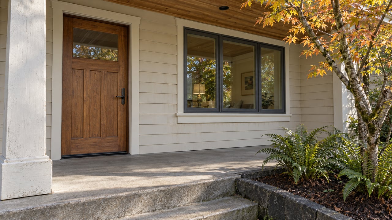 Cream-sided home entry with a warm wood door, covered concrete porch, vine maple and sword ferns.