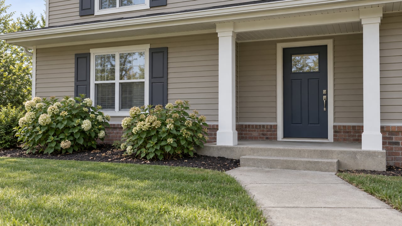Taupe-sided home with a covered entrance, white-trimmed windows, concrete front walk and flowering foundation shrubs.
