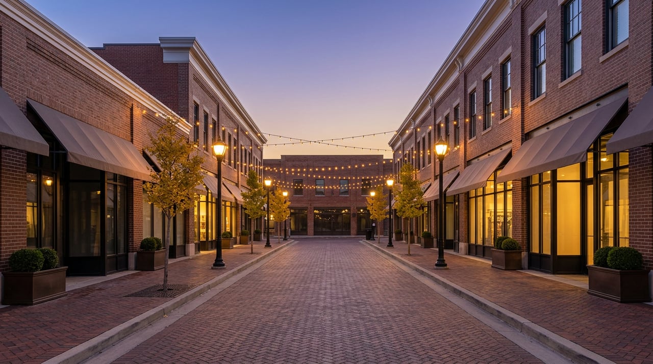 Empty brick commercial street at dusk, with glowing storefronts, zigzag string lights, and golden-leaved trees.