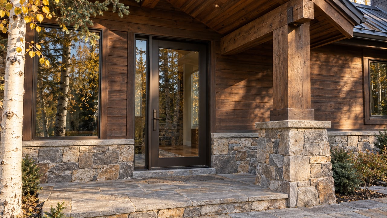 Bronze-framed glass entry beside a tall window in a cedar-and-stone hillside house, with golden aspen leaves at the edge.