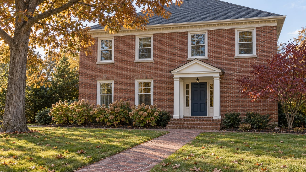 Red-brick two-story home behind a broad autumn lawn, with a brick approach, white-columned entrance and russet oak canopy.