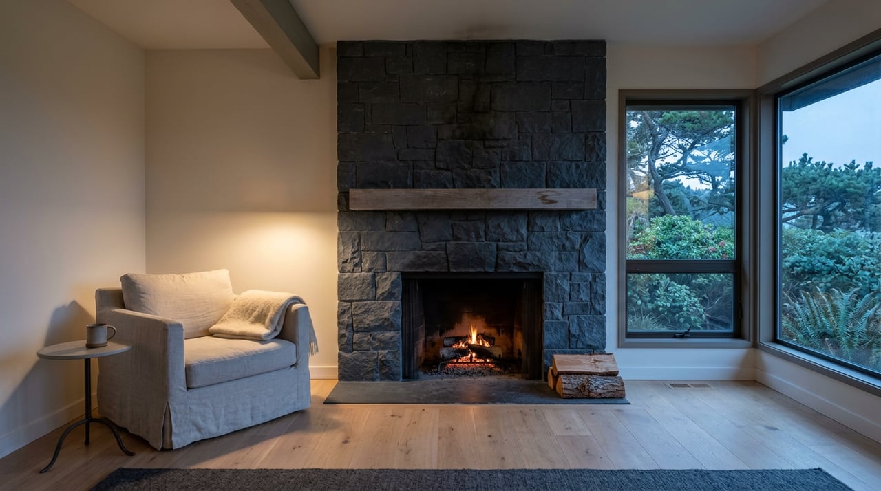 Stone fireplace with a small flame beside a linen armchair, with dusk-lit garden visible through the window.