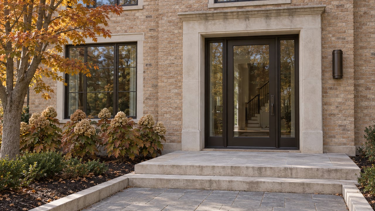 Buff-brick home entrance with a pale limestone surround, dark glazed door, broad stone steps and amber autumn planting.