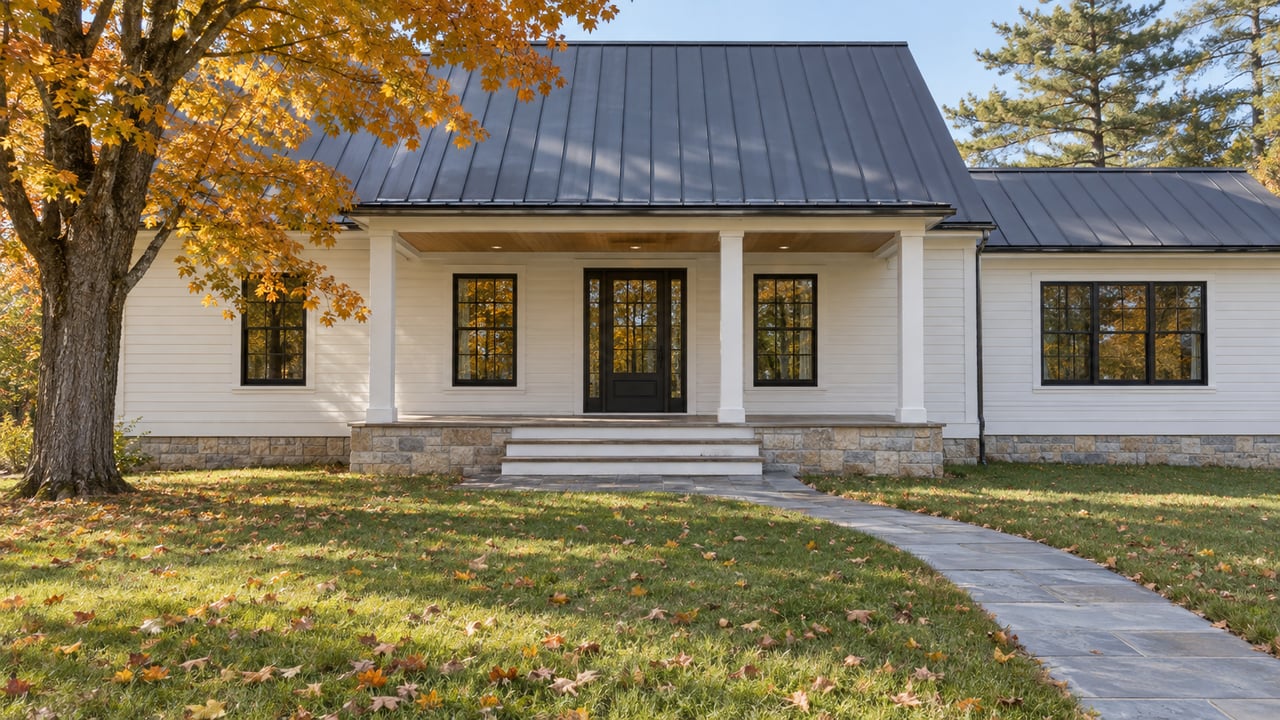 Warm-white cottage with a covered cedar porch, black-framed windows, and a bluestone walk across an autumn lawn beneath a golden maple.