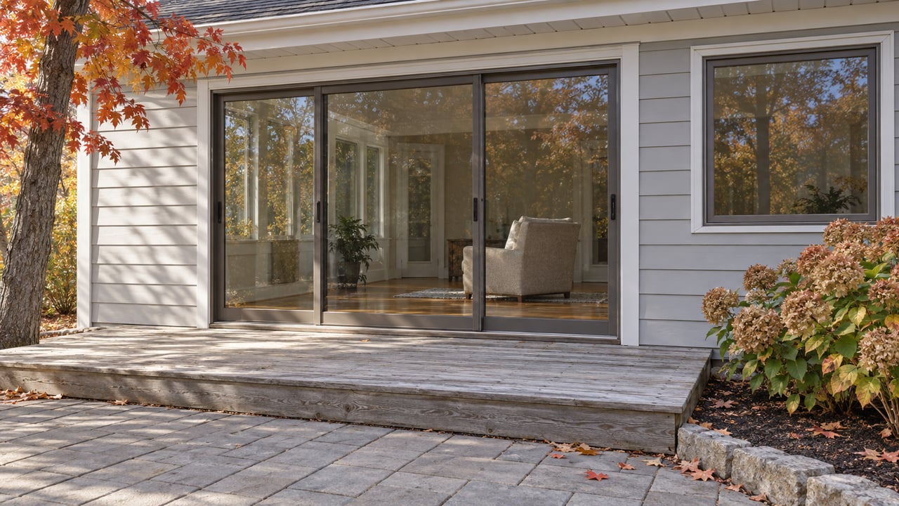 An enclosed sunroom with bronze-framed sliding doors opens onto a weathered cedar deck and gray paved patio beside autumn hydrangea flowers.