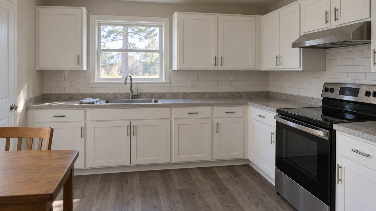 Modest kitchen with white shaker cabinets, a sink beneath the window, and a black-and-stainless range.