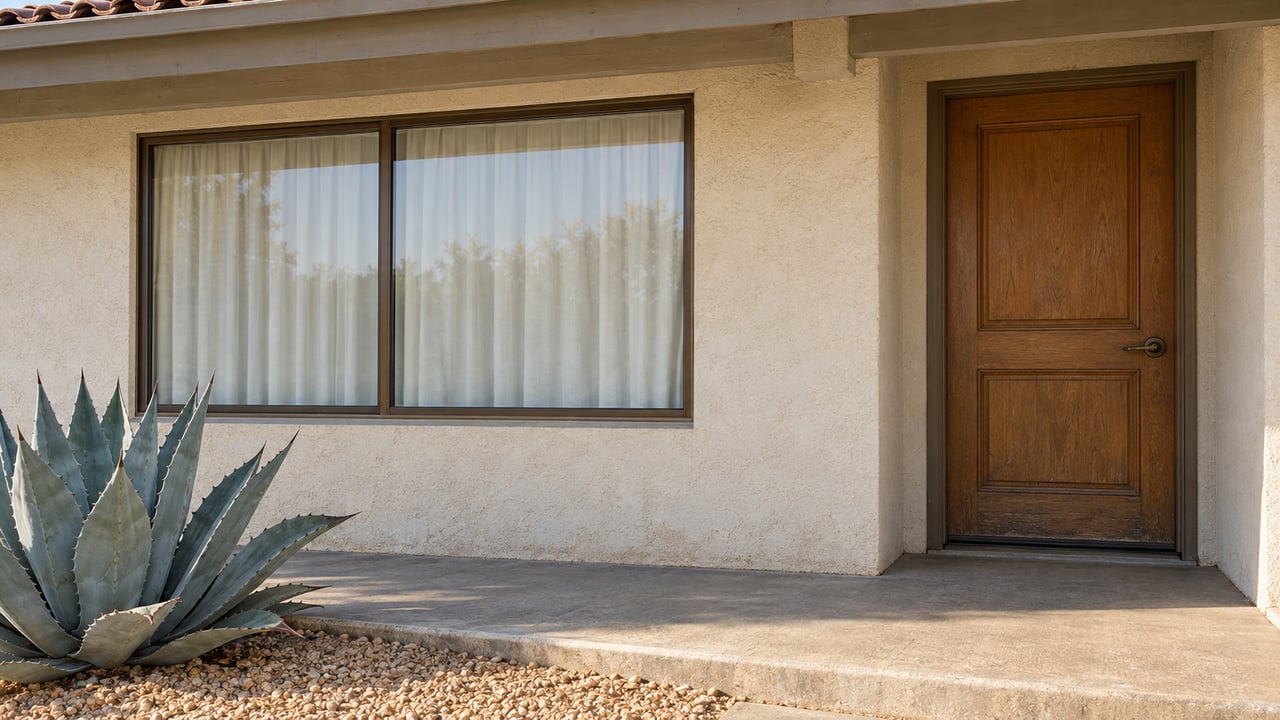 Cream stucco ranch home entrance with a bronze-framed window, oak door, concrete porch, and blue-gray agave in gravel.