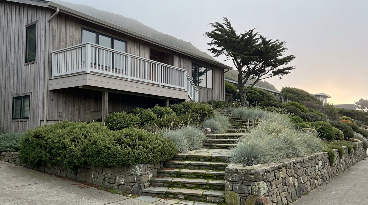 Modern coastal home above a stone stairway, with a terraced garden, wind-swept cypress, and cantilevered deck.