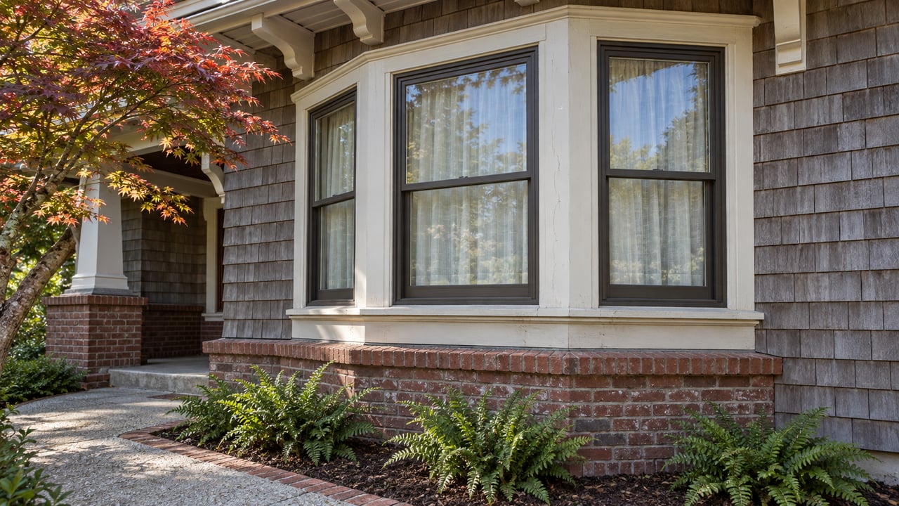 Close view of a shingled home's projecting window bay, painted eave brackets, brick foundation and a small planted garden beside a concrete walk.