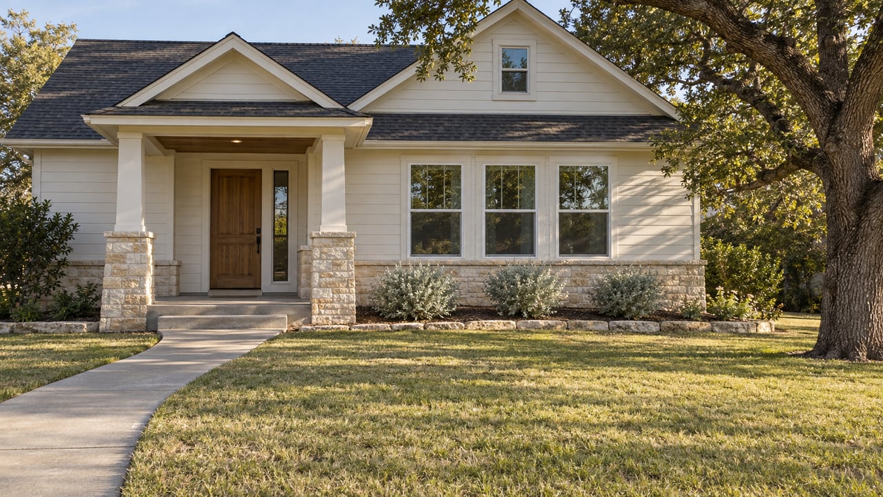 Gabled cream-sided home with limestone porch piers, a deep front lawn, and a mature live oak in warm afternoon light.