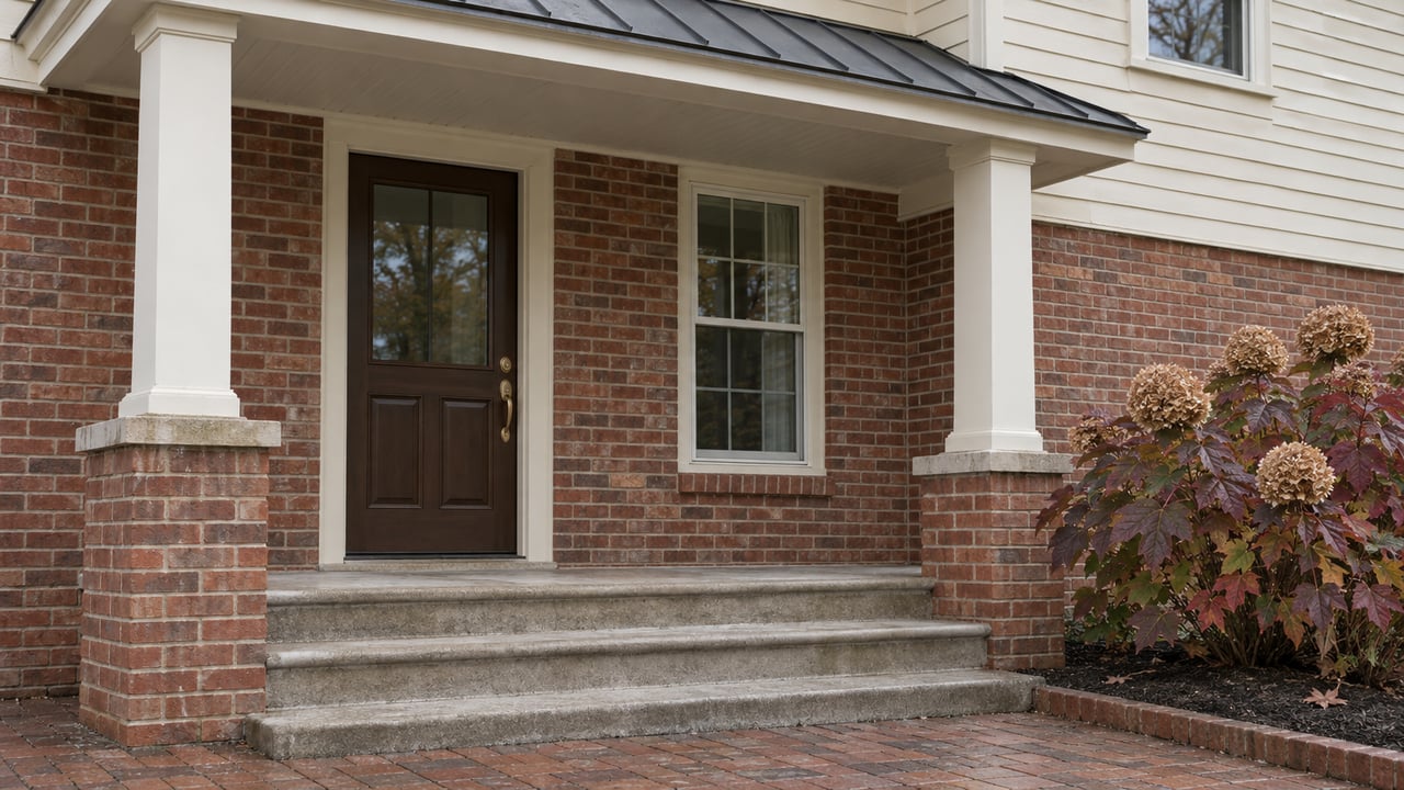 Traditional brick-and-clapboard home entrance with a covered porch, concrete steps and burgundy oakleaf hydrangea foliage.