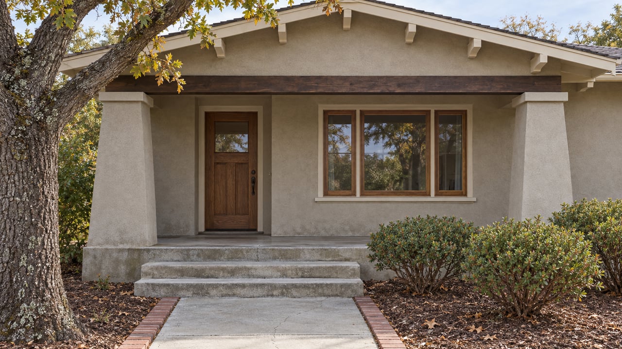 A sheltered bungalow entrance with weathered concrete steps, cream timber eaves, gray stucco piers and an oak door beside autumn oak foliage.