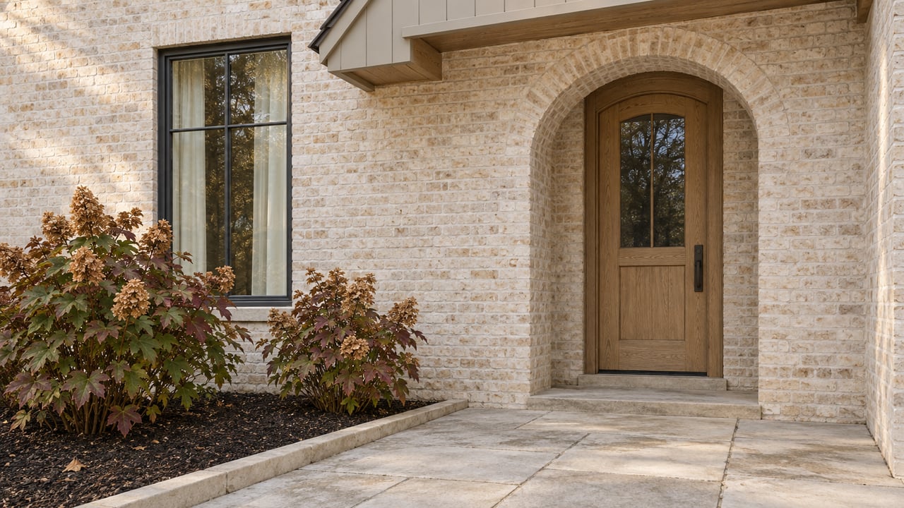 Arched oak front door in ivory limewashed brick beside a tall window, limestone paving and two autumn oakleaf hydrangeas.