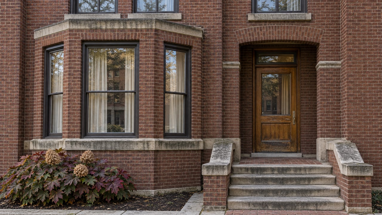 Weathered brick apartment facade with a projecting window bay, recessed oak entrance and limestone steps beside burgundy oakleaf hydrangea.