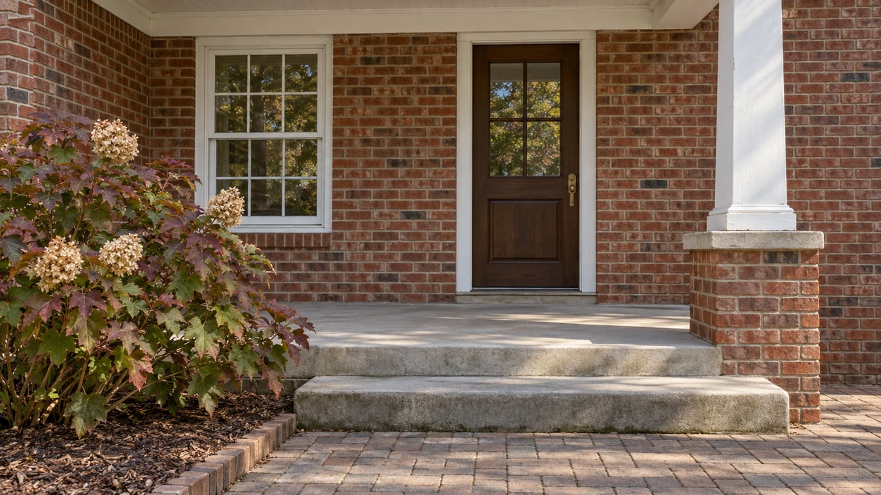 Brick home entrance with a dark wood door, concrete steps, and autumn hydrangeas beside the walkway.