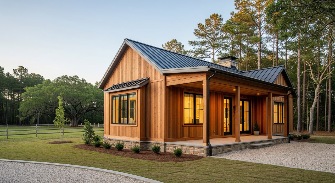 Modern wood-sided house with a metal roof, covered porch, and glowing windows among tall pines.