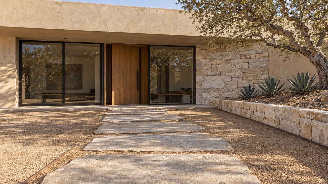 Sand-stucco villa with a recessed wood door, limestone path, and agaves beside a stone retaining curb.