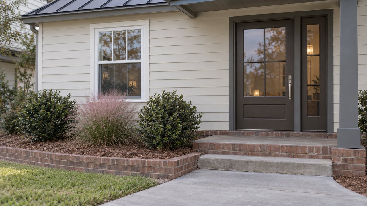 Suburban house entry with a dark glazed door, white-framed window, brick steps, and a small garden.