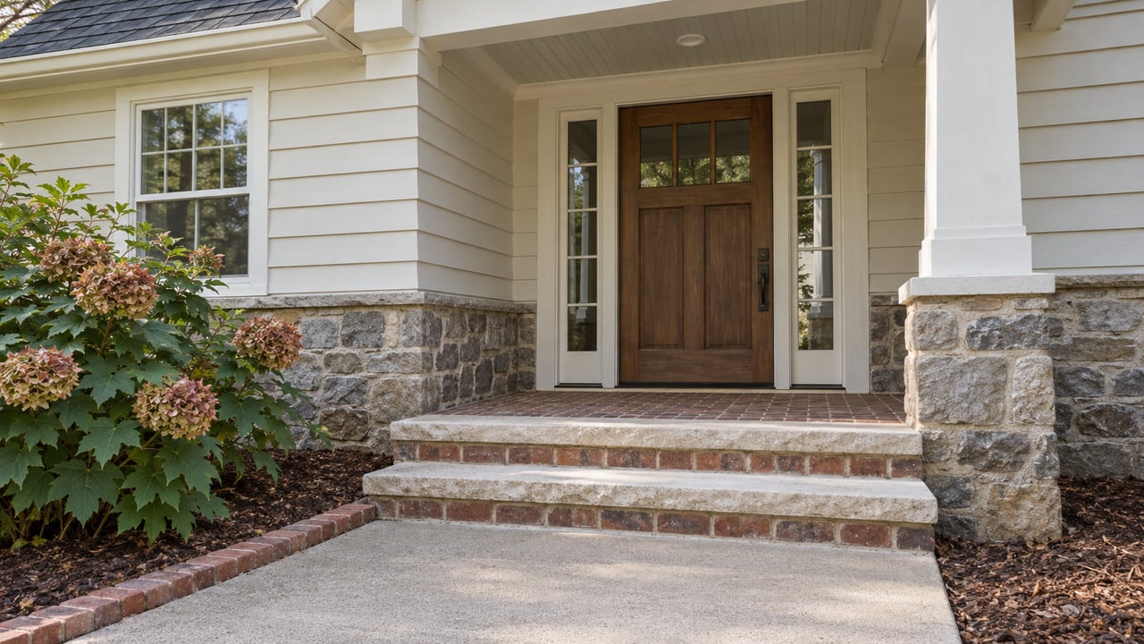 A cream-sided home's sheltered wooden front door, limestone steps and brick porch beside an oakleaf hydrangea.